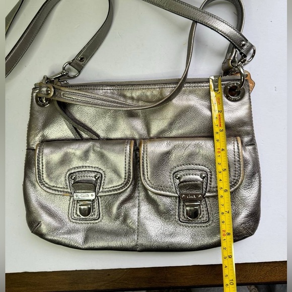 Coach Poppy Silver Metallic Pewter Leather Medium Crossbody Purse Shoulder Bag - Picture 16 of 16